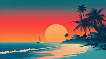 Colorful Sunset Over a Tropical Beach With Palm Trees and a Sailboat on Calm Waters