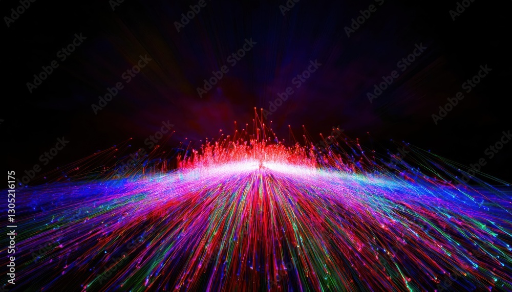 Poster vibrant light burst with multicolored streaks radiating from a central point, creating a dynamic futuristic speed effect

