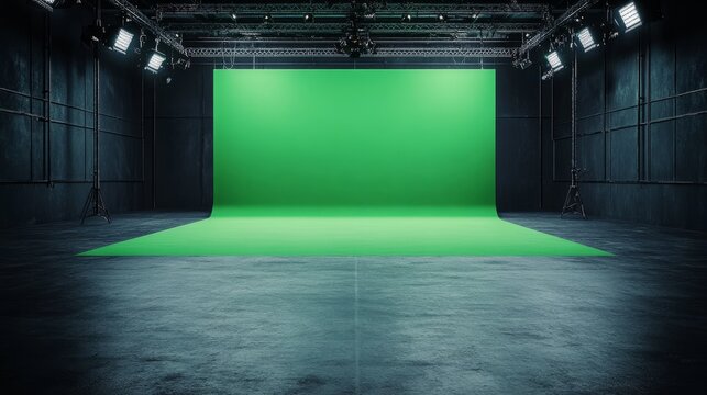 Green Screen Studio: A spacious, industrial-style studio featuring a vast green screen backdrop illuminated by powerful studio lights, ready for film or photography shoots.