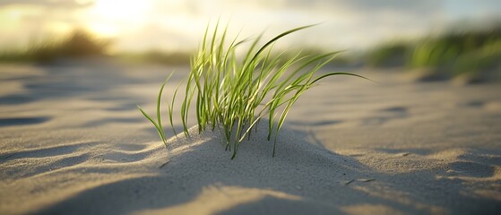 Stunning scenic view of lush green grass swaying in the gentle breeze on a picturesque sandy beach with the tranquil ocean waves and a breathtaking sunset sky in the background