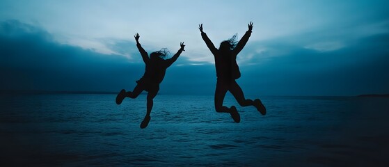 Two silhouetted figures dramatically jumping and leaping into the dark moody waters of the ocean at sunset  The image conveys a sense of adventure freedom and the of taking a risk