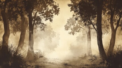 Woodland background with hand-drawn trees and soft sepia washes