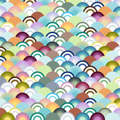 Abstract geometric seamless pattern overlapping circles or half circles. Japanese-style colorful wave. Geometric texture for textiles, cards, stationery, phone cases, paper gifts, wallpaper, wrapping.