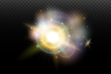 Light flash effect with flares and glow on a transparent background. Magical glow, shining light, star, optical flares for design, photomontage, New Year, and festive projects.