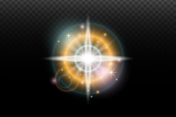 Light flash effect with flares and glow on a transparent background. Magical glow, shining light, star, optical flares for design, photomontage, New Year, and festive projects.
