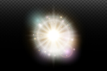 Light flash effect with flares and glow on a transparent background. Magical glow, shining light, star, optical flares for design, photomontage, New Year, and festive projects.