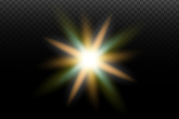 Light flash effect with flares and glow on a transparent background. Magical glow, shining light, star, optical flares for design, photomontage, New Year, and festive projects.