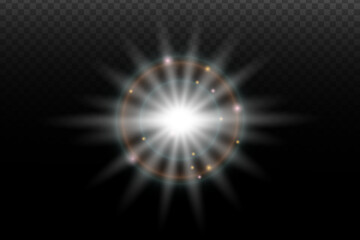 Light flash effect with flares and glow on a transparent background. Magical glow, shining light, star, optical flares for design, photomontage, New Year, and festive projects.