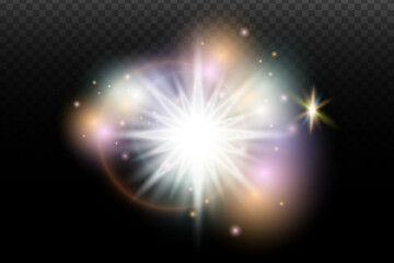Light flash effect with flares and glow on a transparent background. Magical glow, shining light, star, optical flares for design, photomontage, New Year, and festive projects.