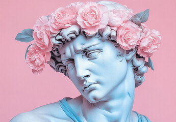 a statue of david, adorned with pink carnations on his head,