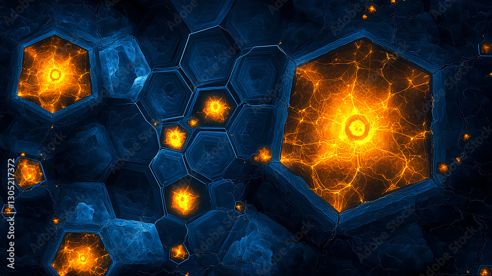 Aufkleber Dynamic energy patterns in hexagonal structures abstract art digital visualization dark background close-up scientific concepts