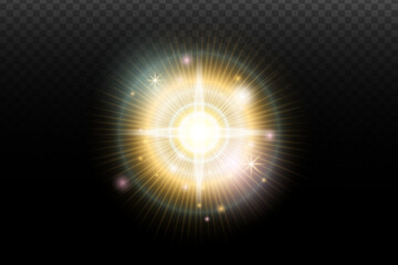 Light flash effect with flares and glow on a transparent background. Magical glow, shining light, star, optical flares for design, photomontage, New Year, and festive projects.