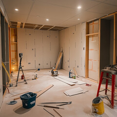 Unfinished room under construction. Drywall, tools, and materials scattered on the floor.