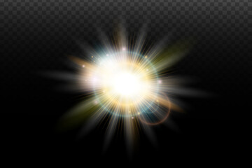 Light flash effect with flares and glow on a transparent background. Magical glow, shining light, star, optical flares for design, photomontage, New Year, and festive projects.