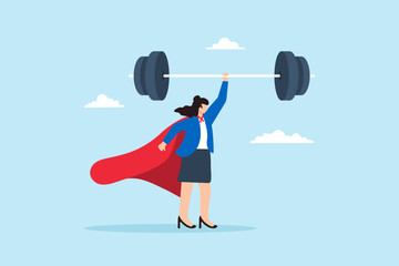 Flat illustration confident businesswoman superhero lifting heavy weight symbolizing strength and leadership