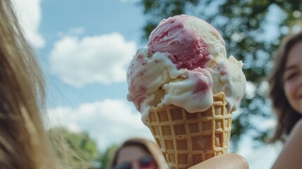 Delicious Strawberry Ice Cream Cone Enjoyed on a Sunny Summer Day