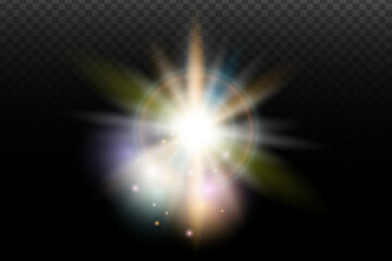 Light flash effect with flares and glow on a transparent background. Magical glow, shining light, star, optical flares for design, photomontage, New Year, and festive projects.