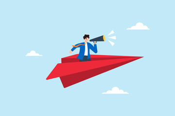 Flat illustration businessman shout through megaphone on red origami airplane announcing marketing message