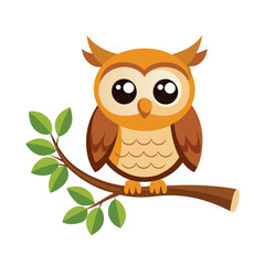 cute owl perching on a tree branch white background.eps