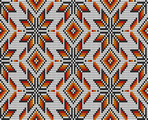 Southwest Native American Aztec beads motif white Vector Pattern. Tribal beaded geometrics in red, orange, yellow, white seamless pattern.