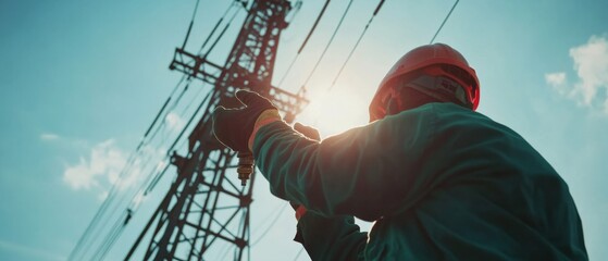 A worker in protective gear repairs a high voltage line against a bright blue sky, highlighting courage and dedication.