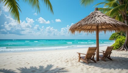 A sun-drenched tropical paradise where palm trees line the white sand coast