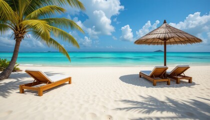 Obraz premium Tropical island paradise with beach chairs and umbrella under a summer sky