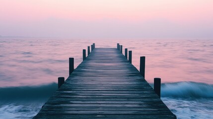 Obraz premium A wooden fishing pier at sunrise with soft waves