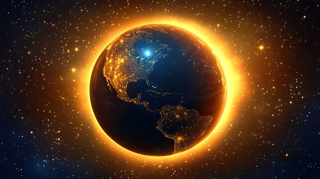 A stunning view of Earth during a solar eclipse, showcasing city lights and cosmic background