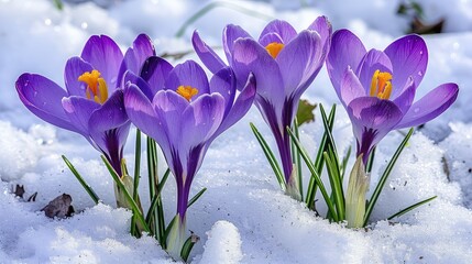 Photo of three purple crocuses emerging from snow