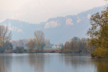 views of the Adda river during a sunny autumnal day, Trezzo d'adda, Bergamo, Lombardy