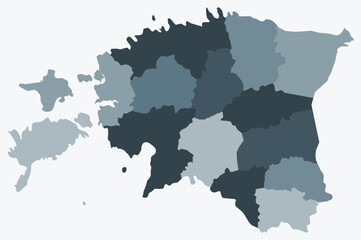 Map of Estonia with regions. Just a simple country border map with region division. Blue grey color palette. Blank Republic of Estonia shape with administrative division. Vector illustration.