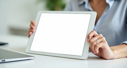 A woman is holding a tablet with an empty white screen in her hands
