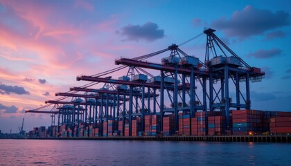 Crane-loaded container freight ships populate the port