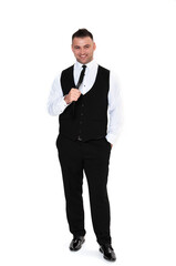 A handsome dark-haired man wearing a business suit, a white shirt on a white background