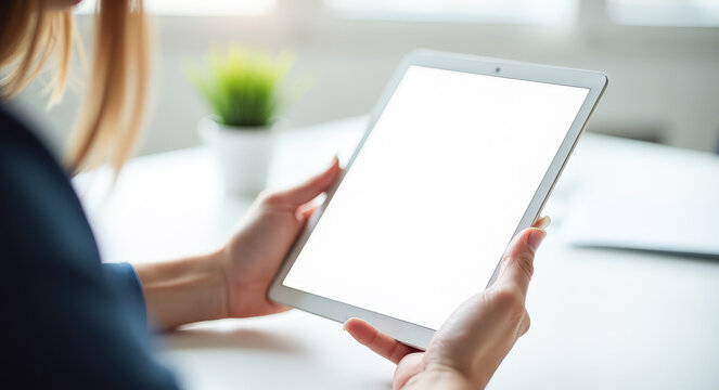 A woman is holding a tablet with an empty white screen in her hands