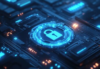 Fototapeta premium Futuristic digital security concept with glowing lock icon on modern circuit board in technology-inspired background with blue lights and intricate patterns