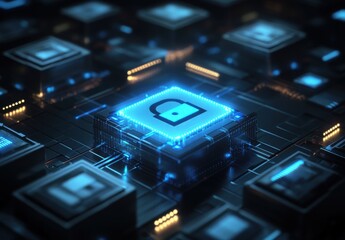 Fototapeta premium Futuristic Digital Security Concept with Lock Icon on High-Tech Microchip Surrounded by Glowing Circuits and Data Elements