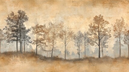 Collage-style wallpaper with hand-cut trees and warm earthy tones fading into sky