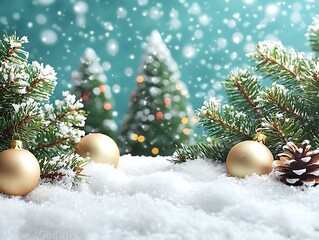 Snowy Winter Christmas Scene with Ornaments