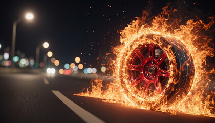 Burning car wheel on the road, dynamic image, speed and power. Ideal for a design with an emphasis on energy and movement.