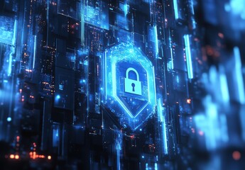 Futuristic Digital Security Concept with Lock Symbol Surrounded by Glowing Blue Technology in a Cyber Environment