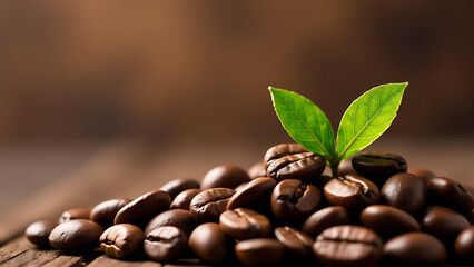 Obraz premium banner features coffee beans arranged horizontally delicate green leaf top dense
