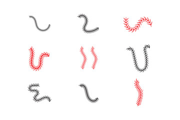 Baseball stitches icons set in black filled and line stroke style on white background