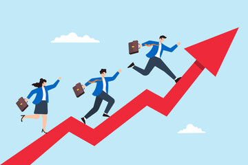 Flat illustration business people run up rising arrow symbolizing business and career growth