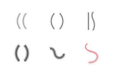 Baseball stitches icons set in black filled and line stroke style on white background