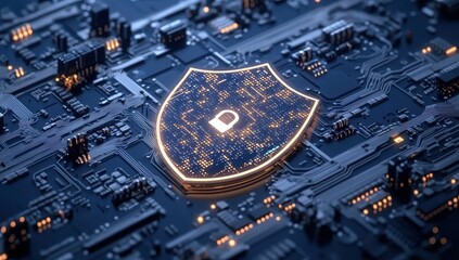 Fototapeta premium Futuristic digital shield symbol with glowing circuitry representing cybersecurity protection and advanced technology on a dark background