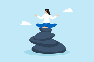 Flat illustration calm woman meditate on stacked pile of stone symbolizing mindfulness balance stability and inner peace