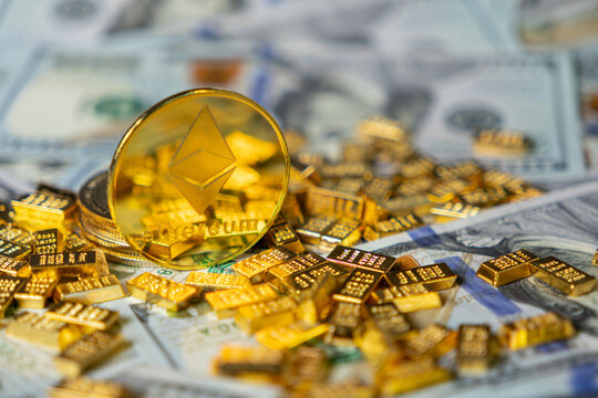 ethereum coin with gold bars and us dollars background, representing cryptocurrency investment and wealth