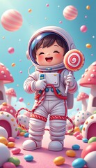 Fototapeta premium Cheerful Astronaut Enjoying Candy in Vibrant Fantasy Landscape